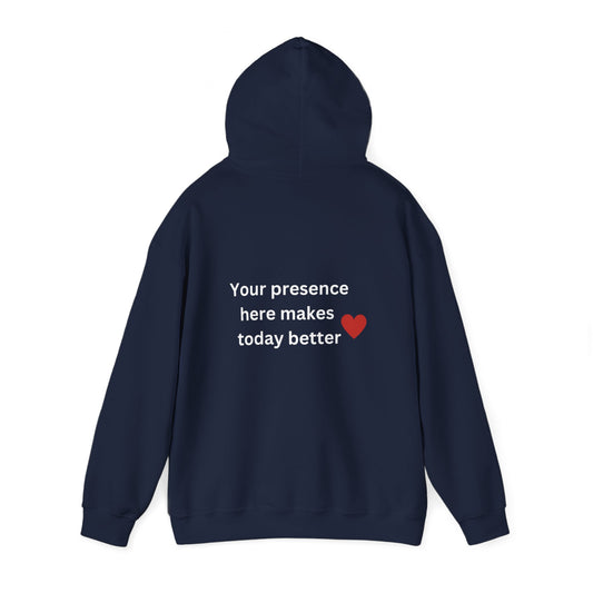 Bee Kind- (Back) Your presence here makes today better - Unisex Heavy Blend™ Hooded Sweatshirt